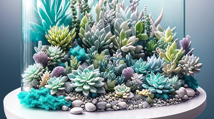 tmasterpiece, Best quality at best, ultra - detailed,Crystals floating in the air，light blue white，Pearl Chlorophytum，prayer beads，floating succulents，succulent forest，Super refined，ultra - detailed，vivaciousness，with dynamism，with dynamism，glowing plants。...