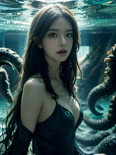 Sea Witch Photos, long green hair, Evil, Villain, Shes coming to you, Up close, Dark sea,( under the water:1.1), Lightning, Bright eyes, Wearing a dress made of algae, tentacles, octopus, (Up close:1.3)