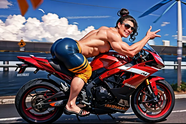 (1boy), NSFW, full body, (girly boy), (bishounen), androgynous, (((muscular))), (((muscular male))), curvy, plump, tan, dark skin, strongman waist, bara, {manly}, (((fabulous))), shaka sign, motorcycle, on motorcycle, riding, >:), smile, arched back, (((((...