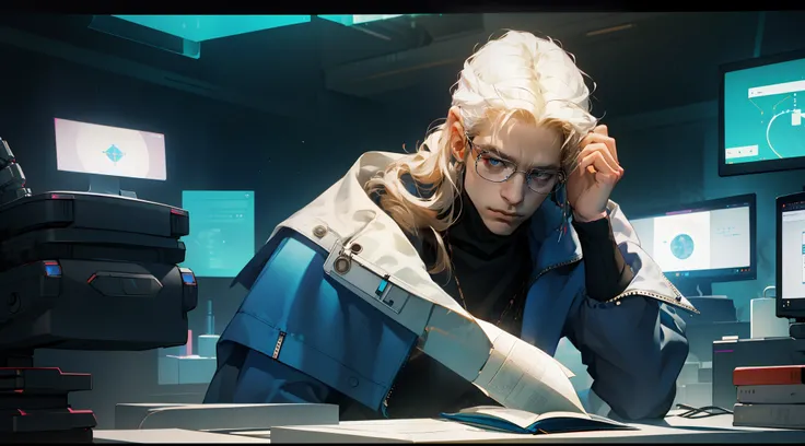 NSFW, tmasterpiece, beste-Qualit, Ultra-detailed, semi-realistic, Detailed facial features, 1male, looking aside, busy, blond, hairlong, eyeglasses, 詳細な目, Cyberpunk clothes, (Inside the blue and white room, in the lab, The White Room,  brightly, looks at t...