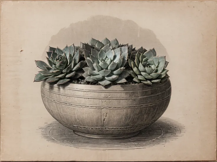 antique engraving of a succulent, Old, 9th century era, Calm tones, lithography, Kraft Paper, graphite