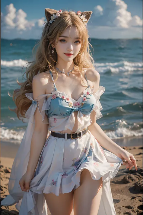 ((actual)), A young girl, beuaty girl, Beauty in period costume, Hanfu, Draped in silk, Flower, high-waist, nice belt, cropped shoulders, Slim, Slimming the waist, high-heels, the shy, grinning smile, ear nipple ring、choker necklace、hair pin，heavy  makeups...