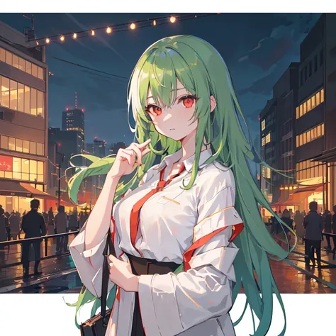 1girl in, 独奏, Lori, 小柄,(Night_skyporn), (very_long_Green_hair),  (Red_Eyes), Medium_breasts, (white_Shirt:1.5), (doress), (portlate), blazing_Eyes, Background_light, (Cityscape:1.5), (neons_A light:1.2), (scienc), cyberpunked, ((​masterpiece)), (Hi-Res), (...