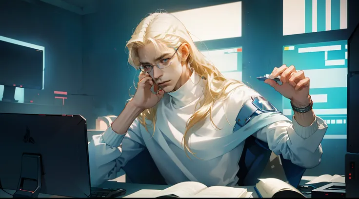 NSFW, tmasterpiece, beste-Qualit, Ultra-detailed, semi-realistic, Detailed facial features, 1male, looking aside, busy, blond, hairlong, eyeglasses, 詳細な目, Cyberpunk clothes, (Inside the blue and white room, in the lab, The White Room,  brightly, looks at t...