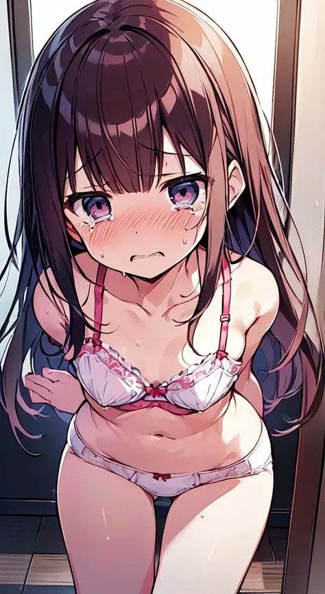 masutepiece, Best Quality,Illustration, Wallpaper, Ultra Detail, Little Face Lori、(((molesting)))、((fear:1.5)))、(Teary-eyed:1.5)、(((Cute underwear)))、ample breasts、((Morester))、((Girl getting her bra removed by a man))、Cherry-colored nipples