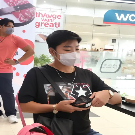 Black shirt wearing one necklace, wearing one watch in the left, wearing black bag and has a face mask white color