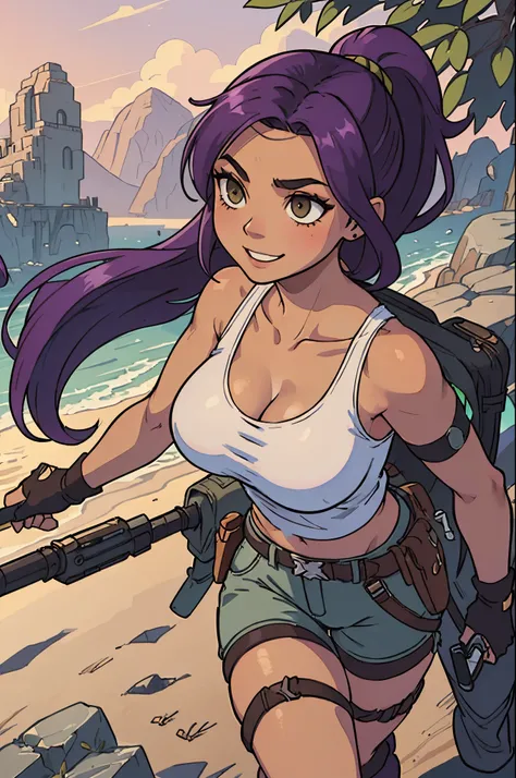 (Lara Croft :1.2), (Yoruichi Shihouin :0.85), cleavage, 25yo woman, hazel eyes, long purple hair in a ponytail, adventures outfit, big breasts, waist, green tank-top and tan jean shorts, white sox, black gloves, hiking boots, thigh gun holsters, purple hai...