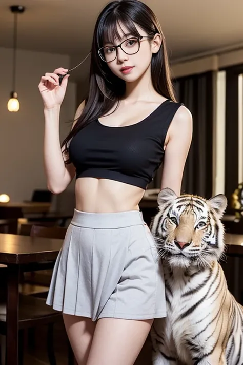 Design a warm scene，Let a young Taiwanese woman interact with her beloved big cat pet, Very huge white tiger,Very cute Taiwanese girl,Has a beautiful and petite figure, Gauze low-cut top and pleated skirt, Wear glasses, Round glasses, very long golden brow...