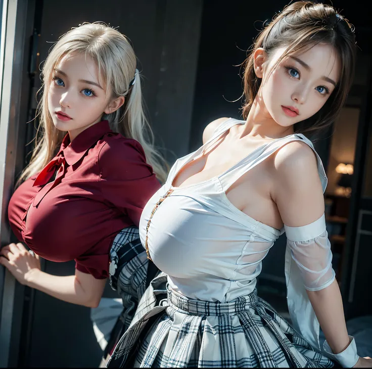 top-quality, 8K picture quality, ​masterpiece, Professional lighting without shadows, A hyper-realistic, perfect anatomia, (Two girls), (with perfect body、Colossal breasts with tension:1.2), Bright whitening skin, (Bright and beautiful blue eyes with plump...