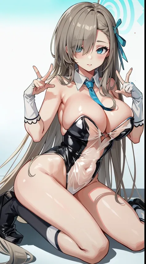 (A high resolution), (Ridiculous resources), (Best quality), (high high quality), (tmasterpiece), 1 plump girl, Asuna, eBlue eyes, Long gray hair, The halo, hair covering one eye, Very long hair, Light brown hair, (Large breasts, The cracks are relatively ...