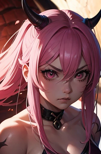 A Hyperrealistic, Pink Hair Female Demon warrior at hell, Perfect Body, Perfect Face, Angry