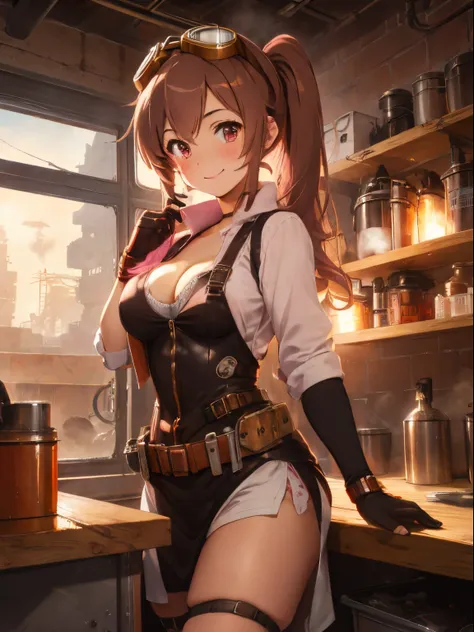 tin town,Smoke is rising from the chimney,Modern cityscape illuminated by orange light,Steampunk world view,girl wearing goggles,Wear work clothes,Her chest is wide open and you can see her cleavage.,Thick gloves,he has a spanner or pliers in his hand.,Soo...