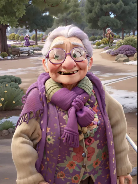 masterpiece, best quality, an old woman with glasses and a scarf on, wearing a purple coat and green scarf, standing at the park