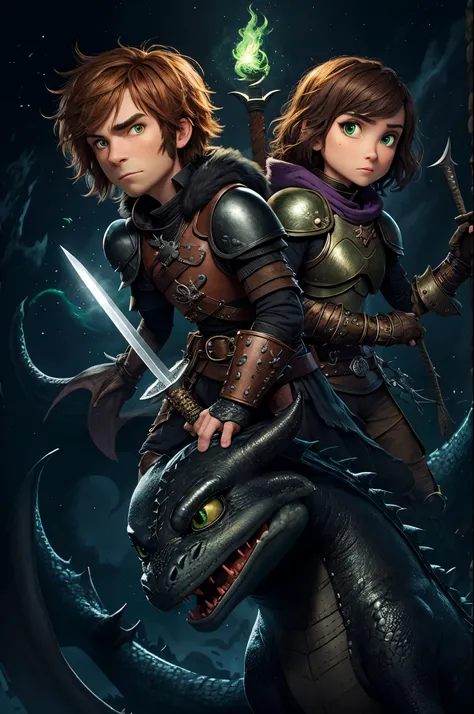 How to train your Dragon Charakter with Brown Hair and Green eyes. Wears black fighting clothes with two swords. Her Dragon ist a purple glowing curse.