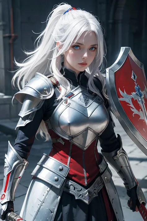 Female warrior white hair,silver armor light reflect and red and blue line ,blue eye,equip sword and shield