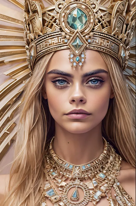 "Imagine an AI-generated masterpiece that transforms Cara Delevingne into a modern interpretation of a Greek goddess. Envision her draped in ethereal robes adorned with contemporary yet mythically inspired patterns. Picture her with a regal crown that seam...