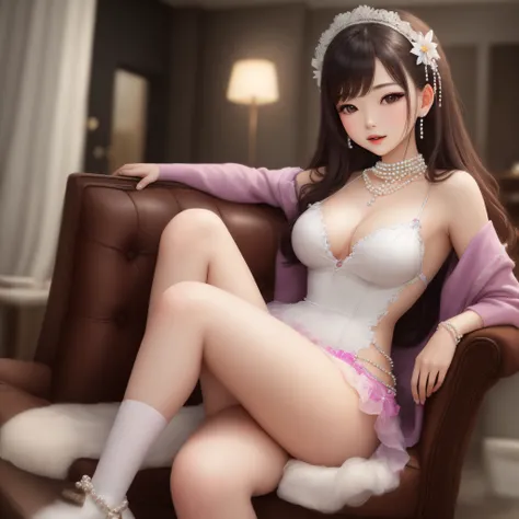 Make a girl image who is  sitting in a sexy position wearing pearls jewe6