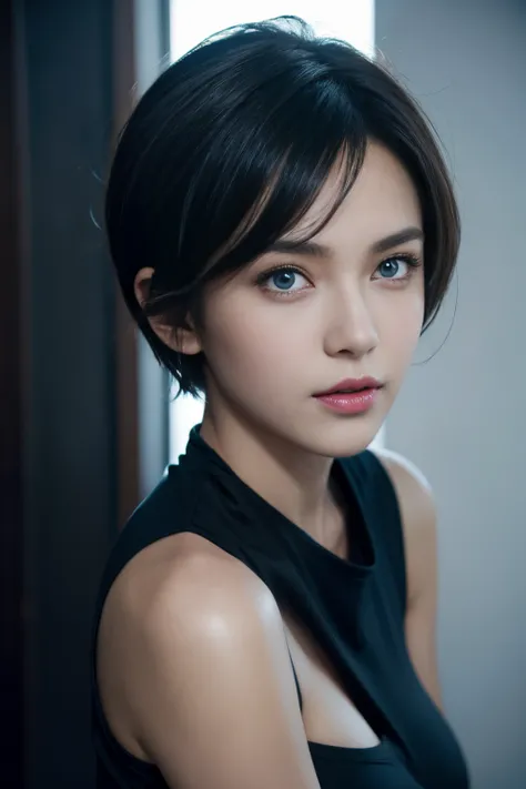 Short hair, Skin Tight Black Top:1.2, Looking at Viewer, Cinematic lighting, Perfect, softlight, High resolution skin:1.2, Realistic skin texture, Realistic face, off shoulders, Exposed cleavage, Blue eyes,  Short hair,