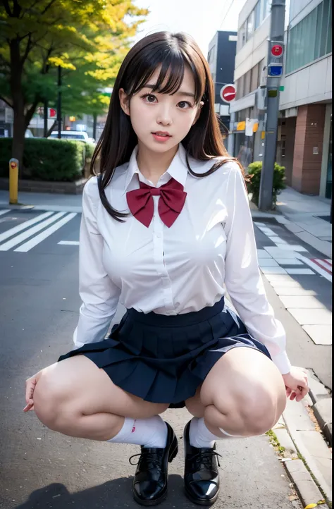 I took a full-body photo of a Japanese girl in a school uniform., The girl spread her legs and squatted, Like youre deliberately trying to show your panties, She was squatting on the sidewalk and posing sexy with a nasty face, She should have a thic and se...