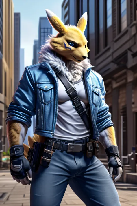 Solo ((male muscular renamon)) with ((white swept-back hair)) and ((clear blue-grey eyes)) wearing ((denim jacket and pants)), (white undershirt), (utility belt), (ammo bandolier with pouches),(black fingerless gloves). Background is of a (city, day time)