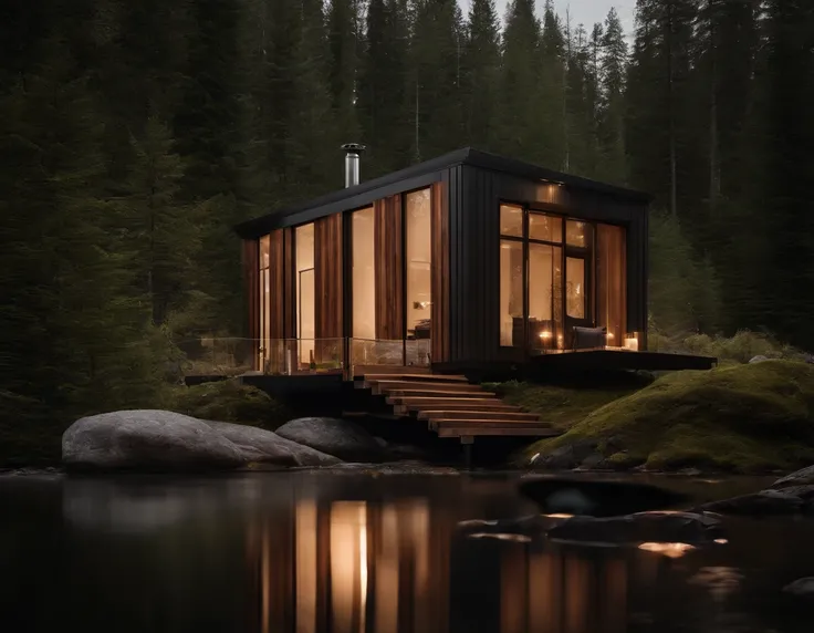 Exterior image of a tiny house duplex house in a Scandinavian nature, standing wood panel, avantgarde, sci-fi, waterfall, panorama glass windows, forests, waterfall inside atrium, rocks, futuristic, floating, modern, natural pond of water,