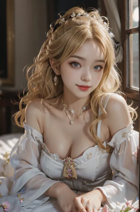 ((actual)), A young girl, beuaty girl, Beauty in period costume, Hanfu, Draped in silk, Flower, high-waist, nice belt, cropped shoulders, Slim, Slimming the waist, high-heels, the shy, grinning smile, ear nipple ring、choker necklace、hair pin，heavy  makeups...