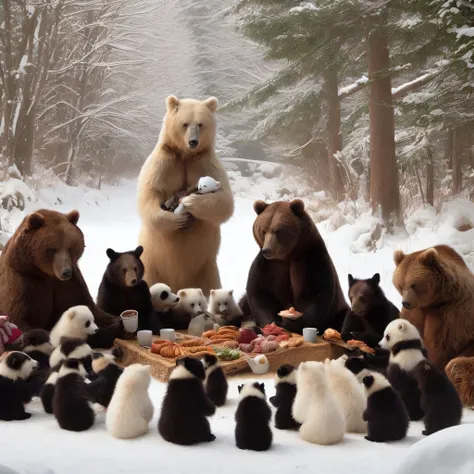 Many teddy bears are sitting around a table with food, a bear, Family dinner, by Min Zhen, r/ohwx, Alexander Abdulov, forest picnic, Animals that look peaceful, tea party, maxim sukharev, dinner is served, imagem hiperrealista, Lisa Parker, trending ，, Pol...