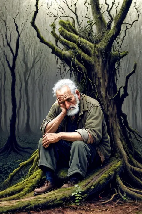 Imagine an old man sitting three-quarters up on a log with his head down and eyes closed.., his face shows depression and fatigue and is protected by vine roots in a field surrounded by trees with gloomy lighting but during the day like a dark forest..