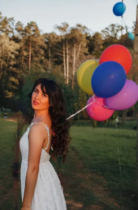 in a white long dress, summer dress ,in park , in the woods