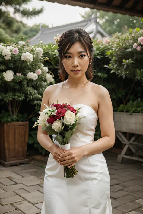 Asian woman, wedding, bouquet, flower garden