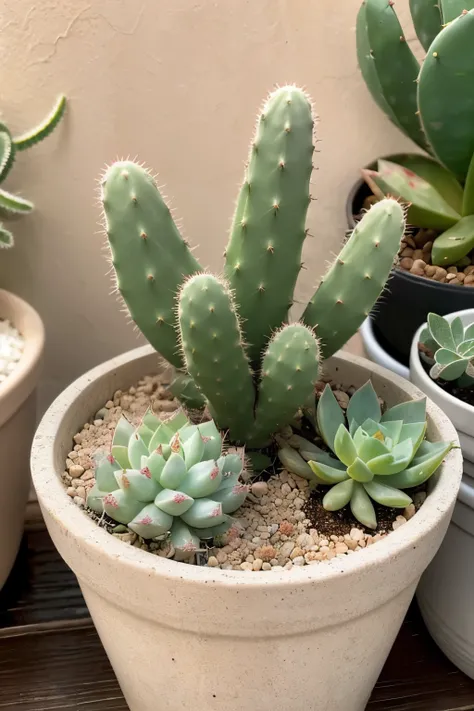 There is a succulent plant in the pot，There are red dots on it, albino dwarf, Very ornamental, Mottled small cactus plants, Very decorative, albino mystic, Soft tufted, cacti, Cactus desert, protophyta, vividness), arabella sprayer, 3 4 5 3 1, closeup view...