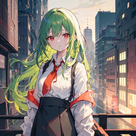 1girl in, 独奏, Lori, 小柄,(Night_skyporn), (very_long_Green_hair), Braids, (Red_Eyes), Medium_breasts, (white_Shirt:1.5), (windbreaker), (portlate), blazing_Eyes, Background_light, (Cityscape:1.5), (neons_A light:1.2), (scienc), cyberpunked, ((​masterpiece)),...