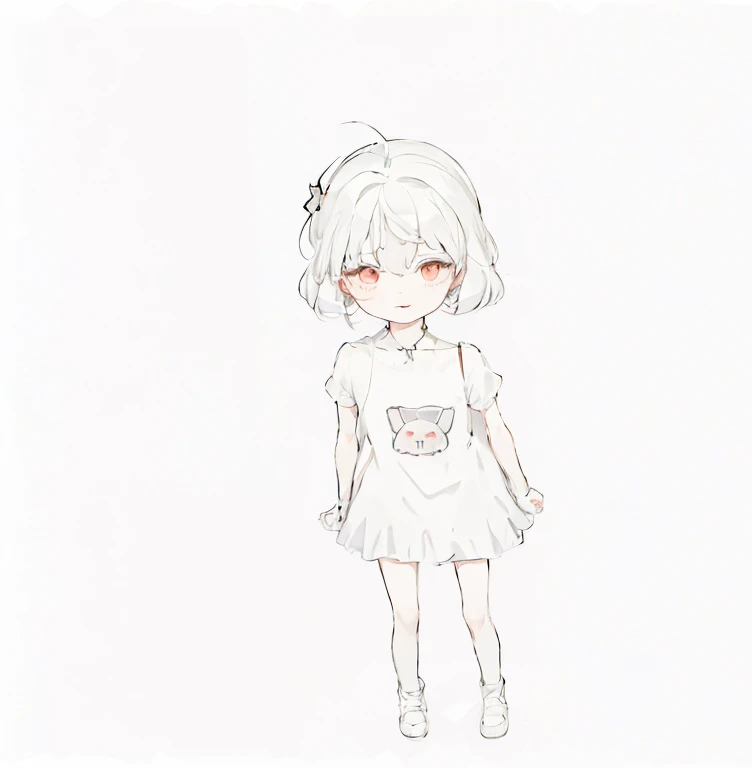 The painting is of a person wearing a skirt、Girl with cute cat on her chest, loli in dress, short full body portrait!, small loli girl, Pale young ghost girl, A single character full body, full bodyesbian!, full body adoptable, short detailed hair, chibi g...