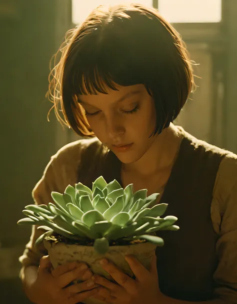 Enter the world of cinema with this prompt featuring a photography capturing the iconic scene from "Leon: The Professional" where the young female protagonist cradles a succulent plant in her arms. The warm glow of sunlight bathes the scene, highlighting t...