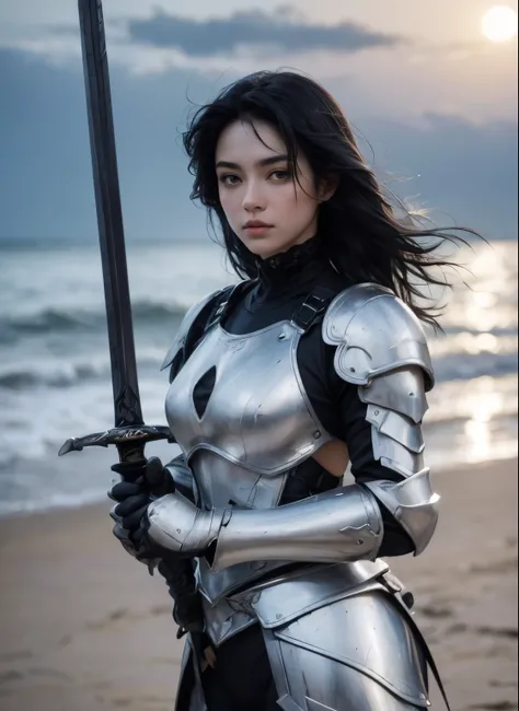 Upper body close-up image.A beautiful silver-white woman wearing full body armor. Black hair. black eyes. He has a good-looking face. She is standing on the beach, the moonlight shining on her. She is holding a long sword towards the camera.