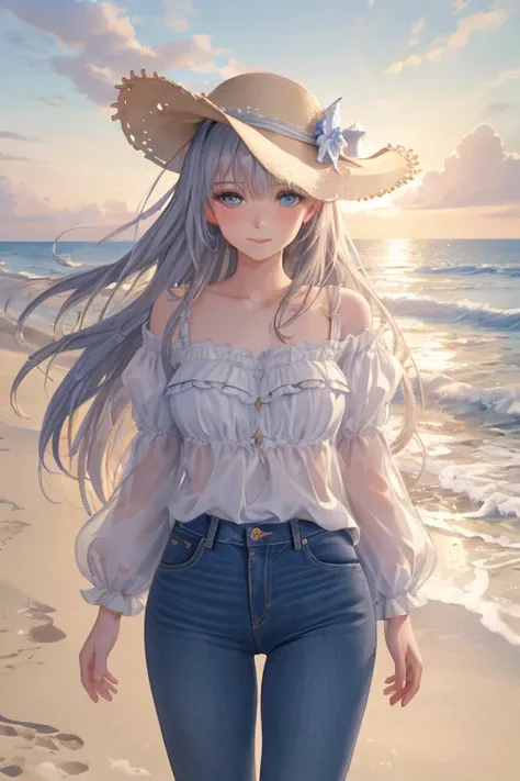 pov,best quality,masterpiece,illustration,an extremely delicate and beautiful,extremely detailed,CG,unity,8k wallpaper,Amazing,finely detail,masterpiece,best quality,official art,extremely detailed CG unity 8k wallpaper,1girl,cowboy shot,Jeans,Seaside,Beac...