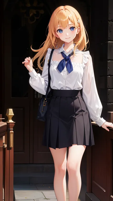 1girl in、notre dame、、imagem 4k、A smile、The shirt、Blouse、（paler）skirt by the、（small tits）Chilarism、movement、