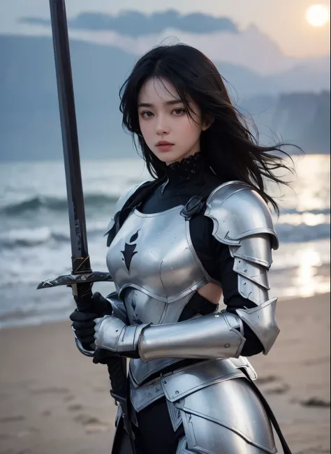 Upper body close-up image.A beautiful silver-white woman wearing full body armor. Black hair. black eyes. He has a good-looking face. She is standing on the beach, the moonlight shining on her. She is holding a long sword towards the camera.