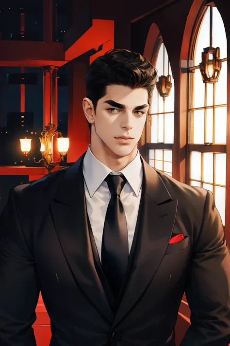 (absurdres, highres, ultra detailed), (1 male, solo, adult, mature:1.4, aged up:1.4, old age, tall muscular guy, broad shoulders, handsome), very short hair, black hair, pomade, brown eyes, (angular jaw:1.4, thick neck:1.4, thick eyebrows:1.4), BREAK, nigh...