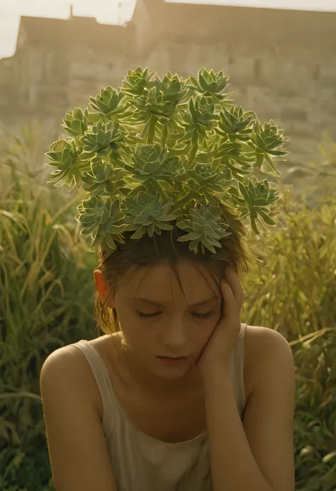 Enter the world of cinema with this prompt featuring a photography capturing the iconic scene from "Leon: The Professional" where the young female protagonist cradles a succulent plant in her arms. The warm glow of sunlight bathes the scene, highlighting t...