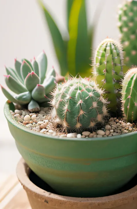 There is a succulent plant in the pot，There are red dots on it, albino dwarf, Very ornamental, Mottled small cactus plants, Very decorative, albino mystic, Soft tufted, cacti, Cactus desert, protophyta, vividness), arabella sprayer, 3 4 5 3 1, closeup view...