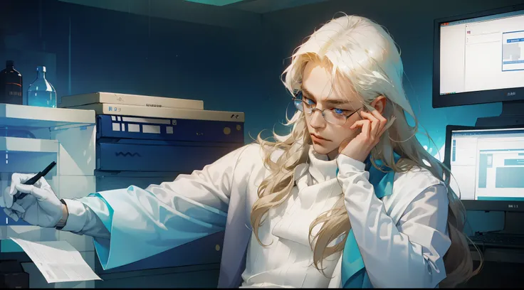 NSFW, tmasterpiece, beste-Qualit, Ultra-detailed, semi-realistic, Detailed facial features, 1male, looking aside, busy, blond, hairlong, eyeglasses, 詳細な目, Cyberpunk clothes, (Inside the blue and white room, in the lab, The White Room, brightly, looks at th...