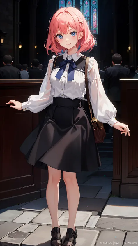 1girl in、notre dame、、imagem 4k、A smile、The shirt、Blouse、（paler）skirt by the、（small tits）Chilarism、movement、