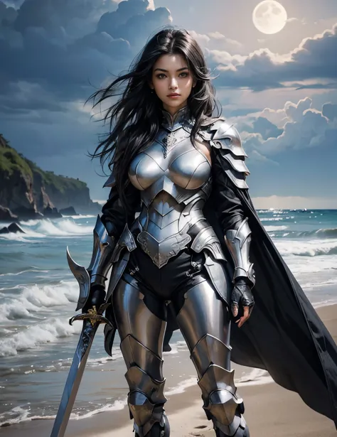 Close-up image of the upper body.A beautiful silver woman wearing full body armor. Black hair. Black eyes. he looks nice. she is standing on the beach, the moonlight shines on her. she holds a long sword towards the camera.