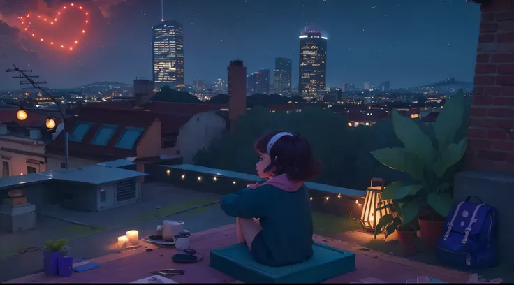 Descreva uma cena encantadora e tranquila de uma jovem sentada na varanda, imersa na atmosfera lofi, while looking at the city in front of you. Destaque elementos como luzes suaves, pastel tones and a feeling of serenity. Take inspiration from lofi aesthet...