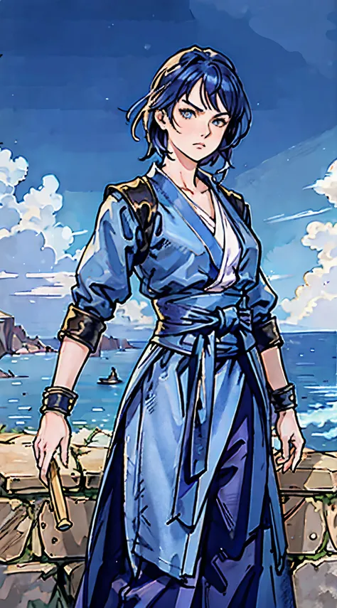 A young women, indigo blue hair, raised and fluffy short hairstyle, sharp gaze, a serious expression, a fantasy martial arts style sky-blue fabric kung fu outfit, tattered sleeves, hands wrapped with cords, a linen belt tied around the waist, coarse fabric...