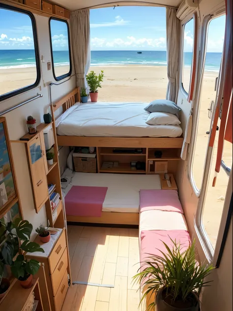 inside a cozy campervan, comfy bed and warm blanket, plants, flowers, decoration, view from the back on quiet beach, sunrise, pe...