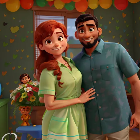 Poster 3d estilo Pixar, uma jovem ruiva com cabelo laranja e vestido verde sorrindo, hugging a dark-skinned, unshaven Indian man smiling with black hair, in a button down shirt, in a child&#39;s birthday party room, best quality, alta qualidade.