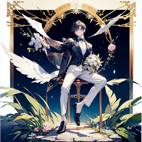 male angel sitting on rebar、full body Esbian、holding a bouquet of flowers、an legs、shoe、Leather shoes、trouser