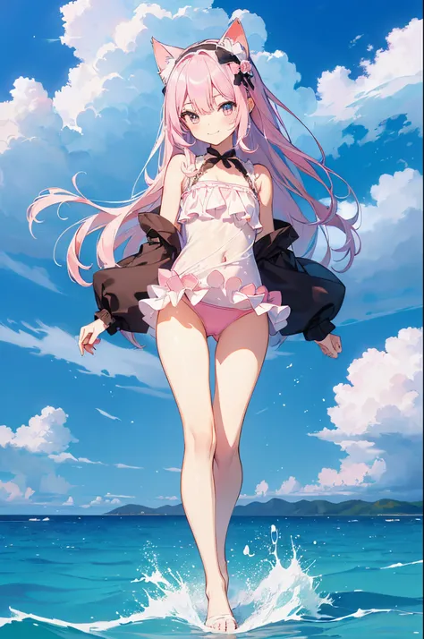 ((2D Beautiful Girl、top-quality、perfect fingers:1.1、perfect anatomia:1.1、Perfect outfit、face perfect：1.1、Beautiful illustration))、(transform sequence)、((cute decorative headband、White and pink swimsuit)、12year old、Solio、hime、Fractal Art、baby-face、((stright...